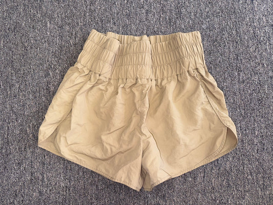 Zenana (XL) Tan Windbreaker Shorts with Smocked Waist