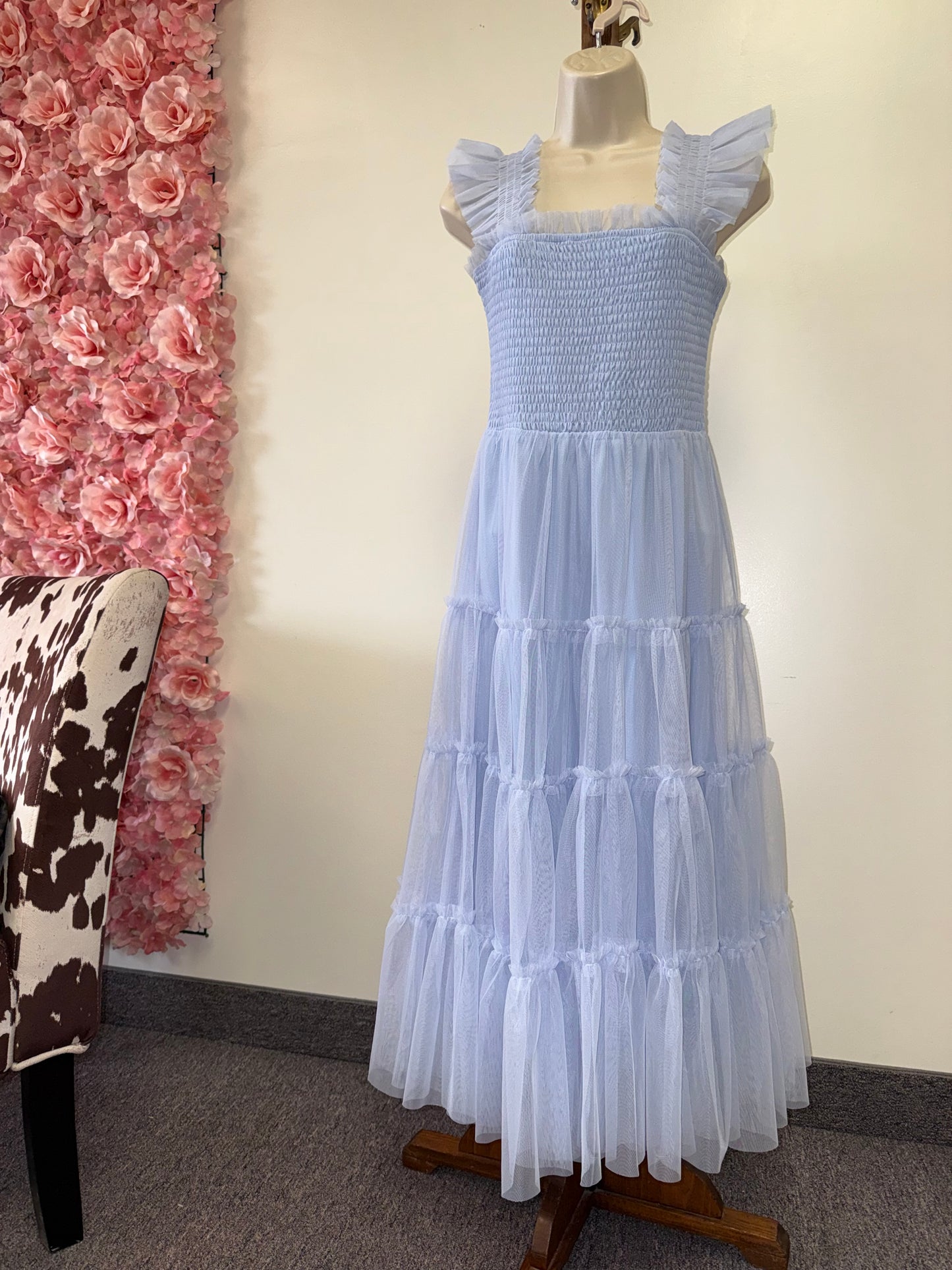 Baltic Born (XS) Light Blue Tiered Ruffle Skirt Tulle Maxi Dress