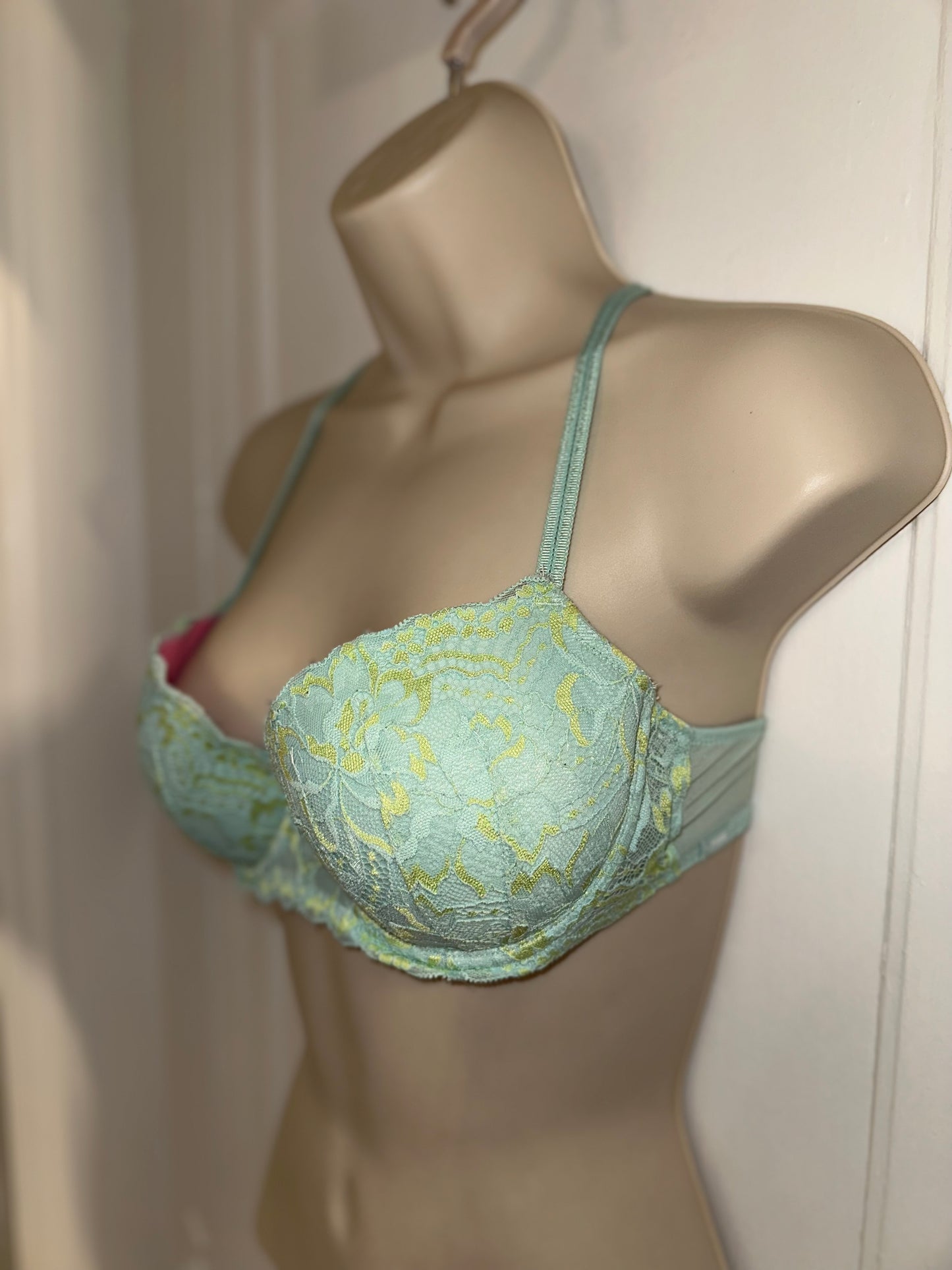 PINK VS (32D) Blue/Green Lace Push Up Bra