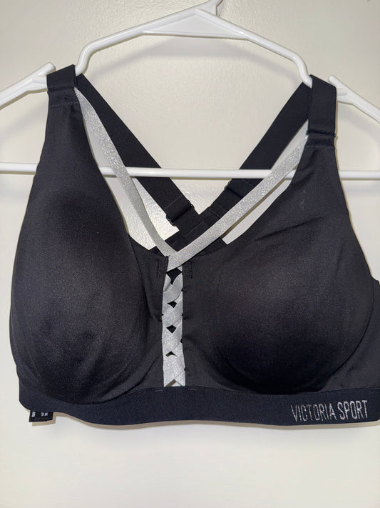 Victoria Sport (36C) Black//Silver Sports Bra with Criss Cross Front