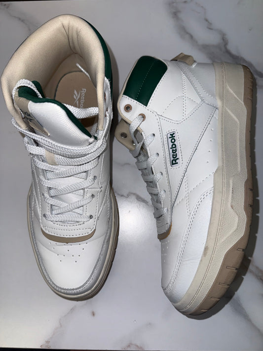 Reebok (9) White/Green/Tan High Top Sneakers