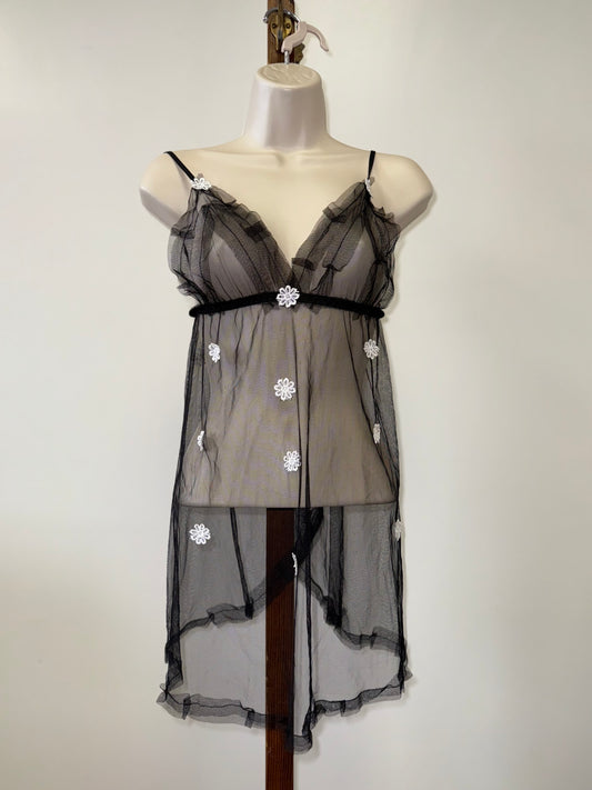 Black Sheer Floral Patched Pattern Chemise Slip