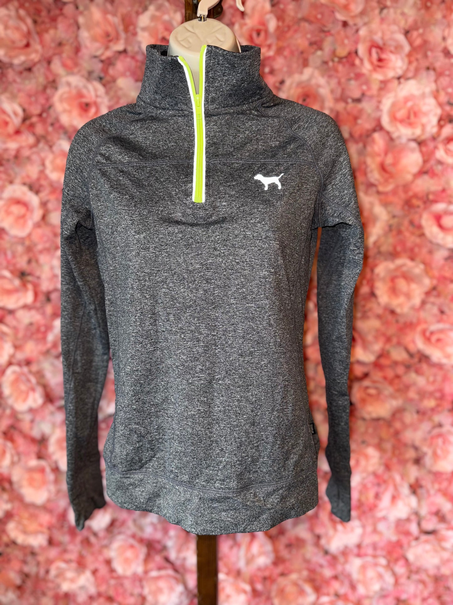 PINK VS (XS) Grey Sporty Form Fitting 3/4 Zip Up Running Sweatshirt