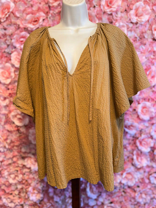 a new day (XXL) Brown V-Neck Loose Fit Short Sleeve Blouse with Large Sleeves