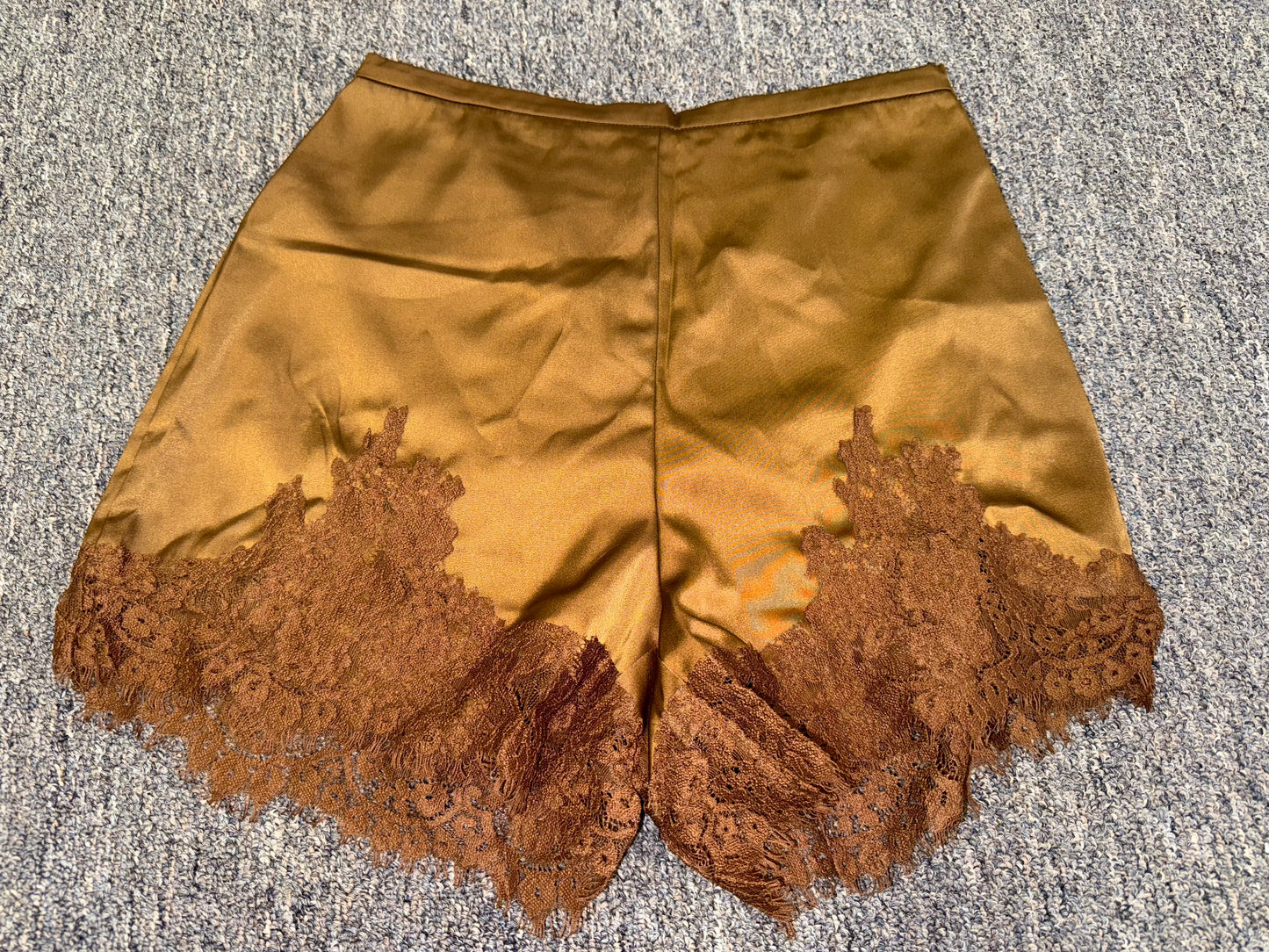 Brand New Brown Polyester Shorts with Lace Bottom Hem (Small)