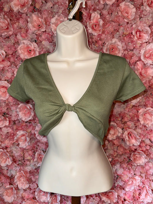 Aeropostale (Medium) Green Ribbed Super Cropped Tied Short Sleeve Top