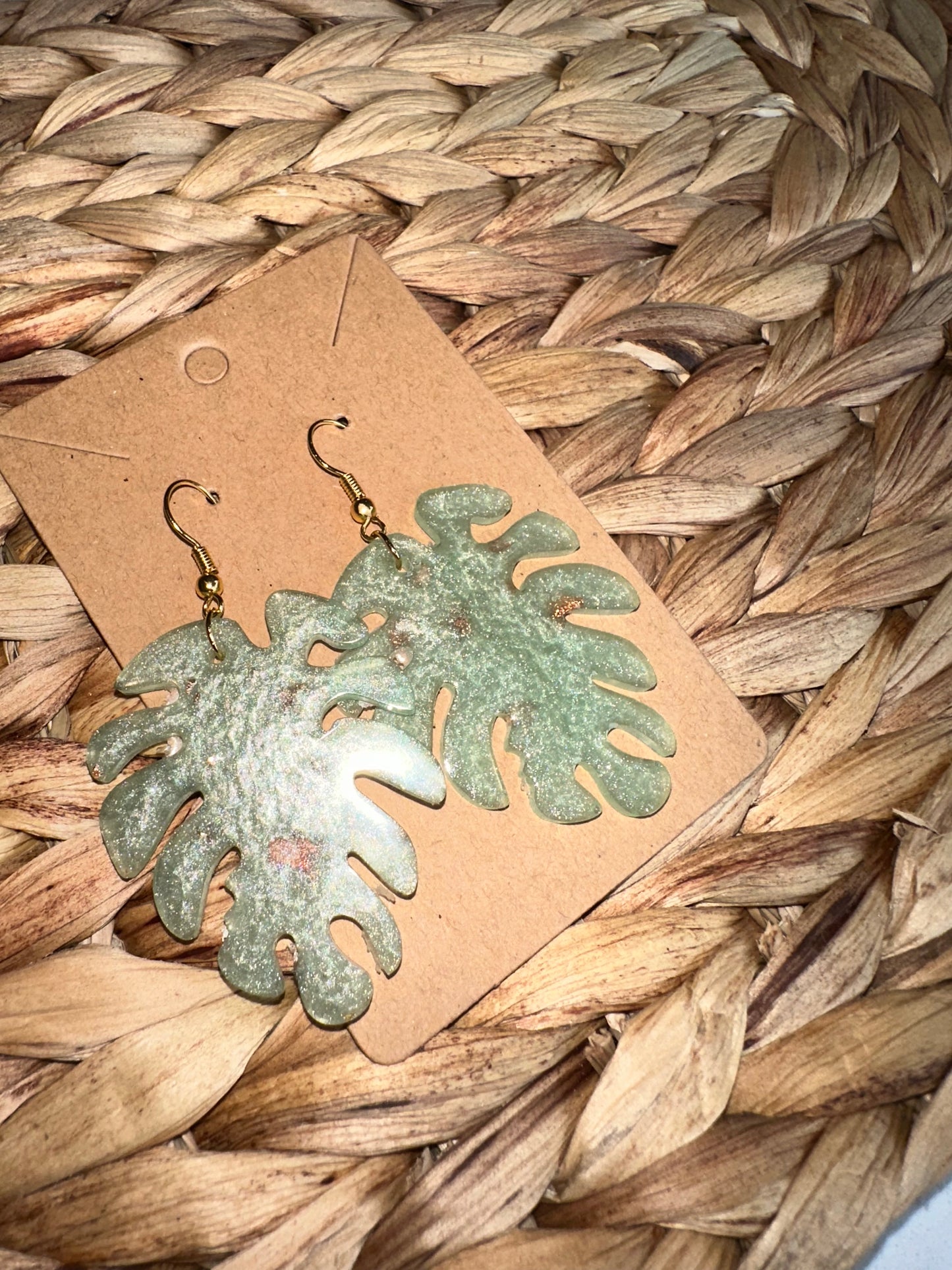 Brand New Handmade Green Leaf Acrylic Earrings with Gold Specs