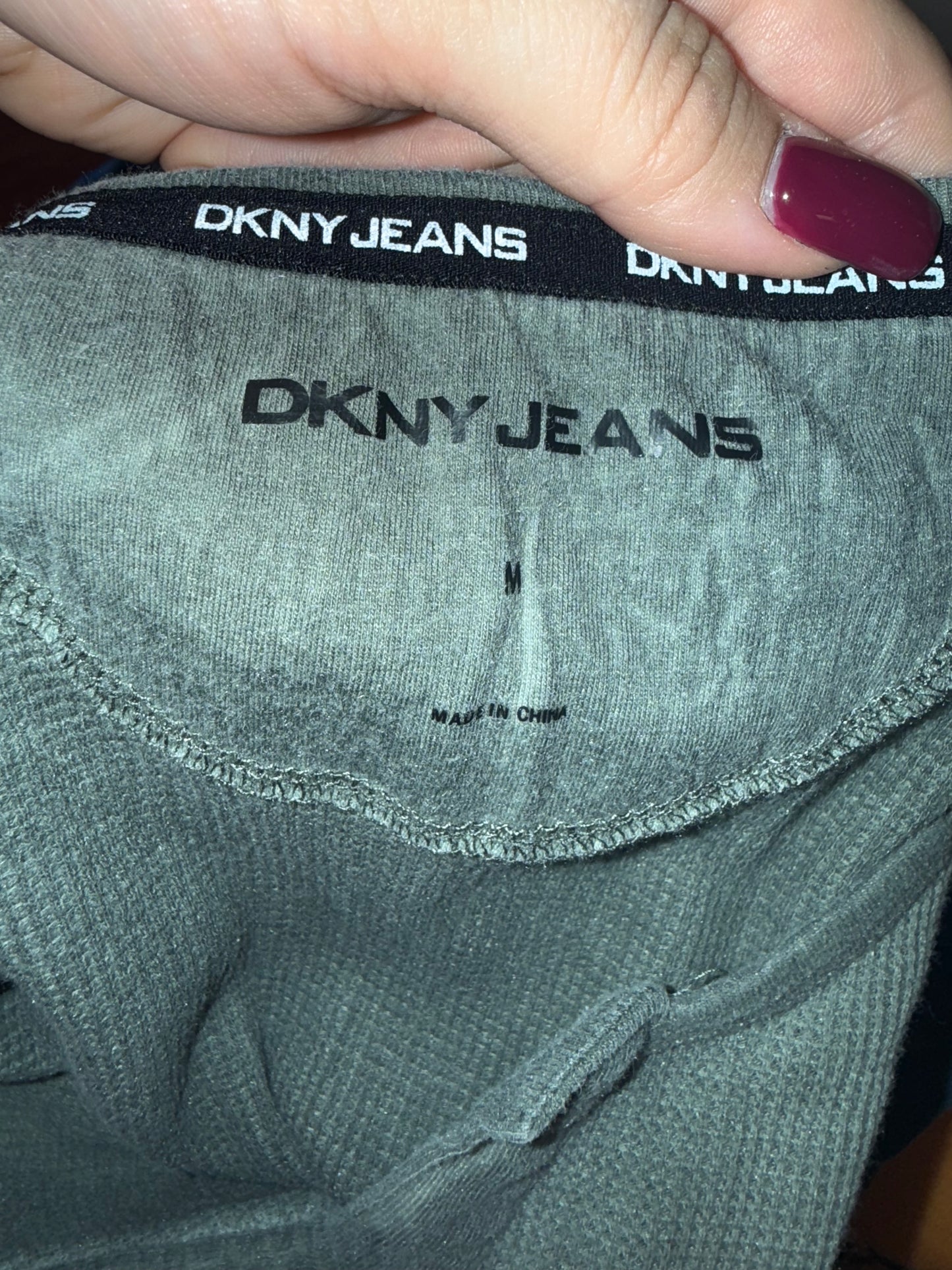 DKNY Jeans (Medium) Green Cropped V-Neck Waffle Knit Long Sleeve