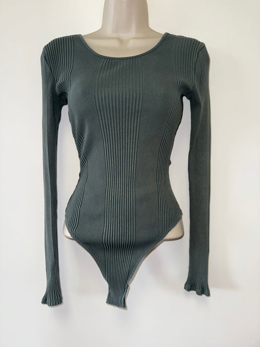 Aerie (Small) Green Ribbed Long Sleeve Bodysuit w/ Cutout Back