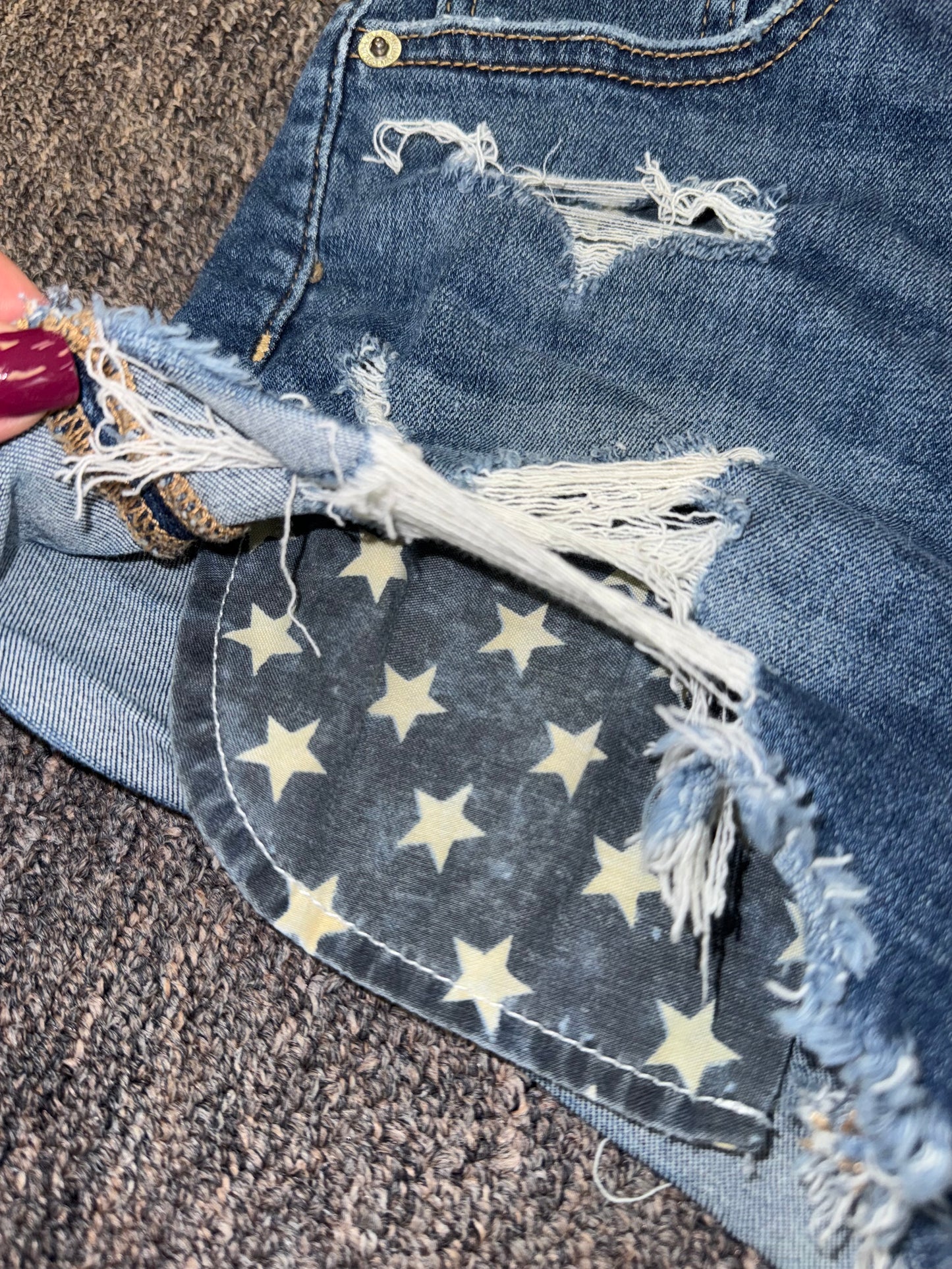 American Eagle (6) Distressed Denim USA Pattern Pockets Hi-Rise Shortie Shorts