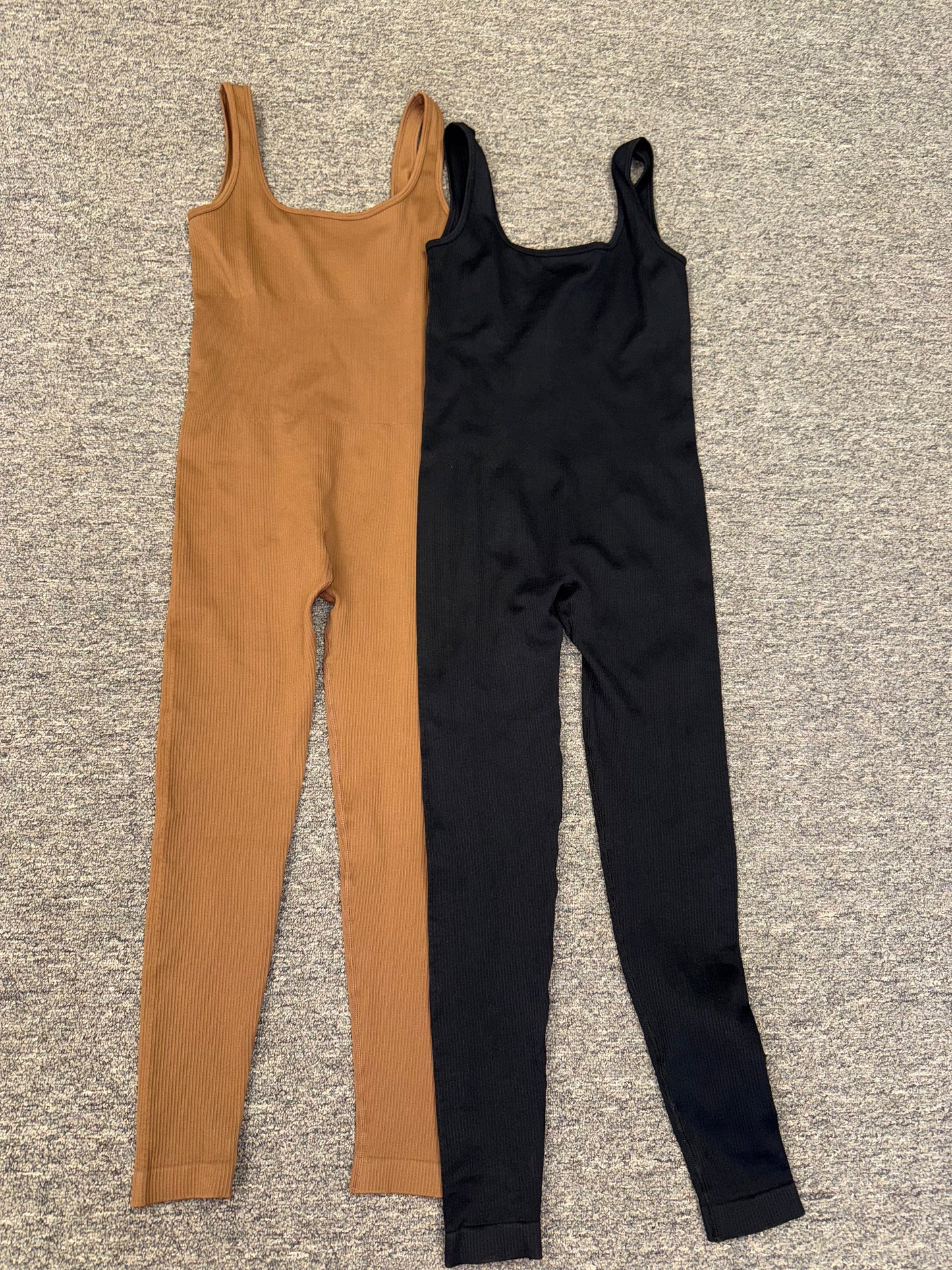 (Medium) SET of 2 Ribbed Jumpsuits - Black and Brown