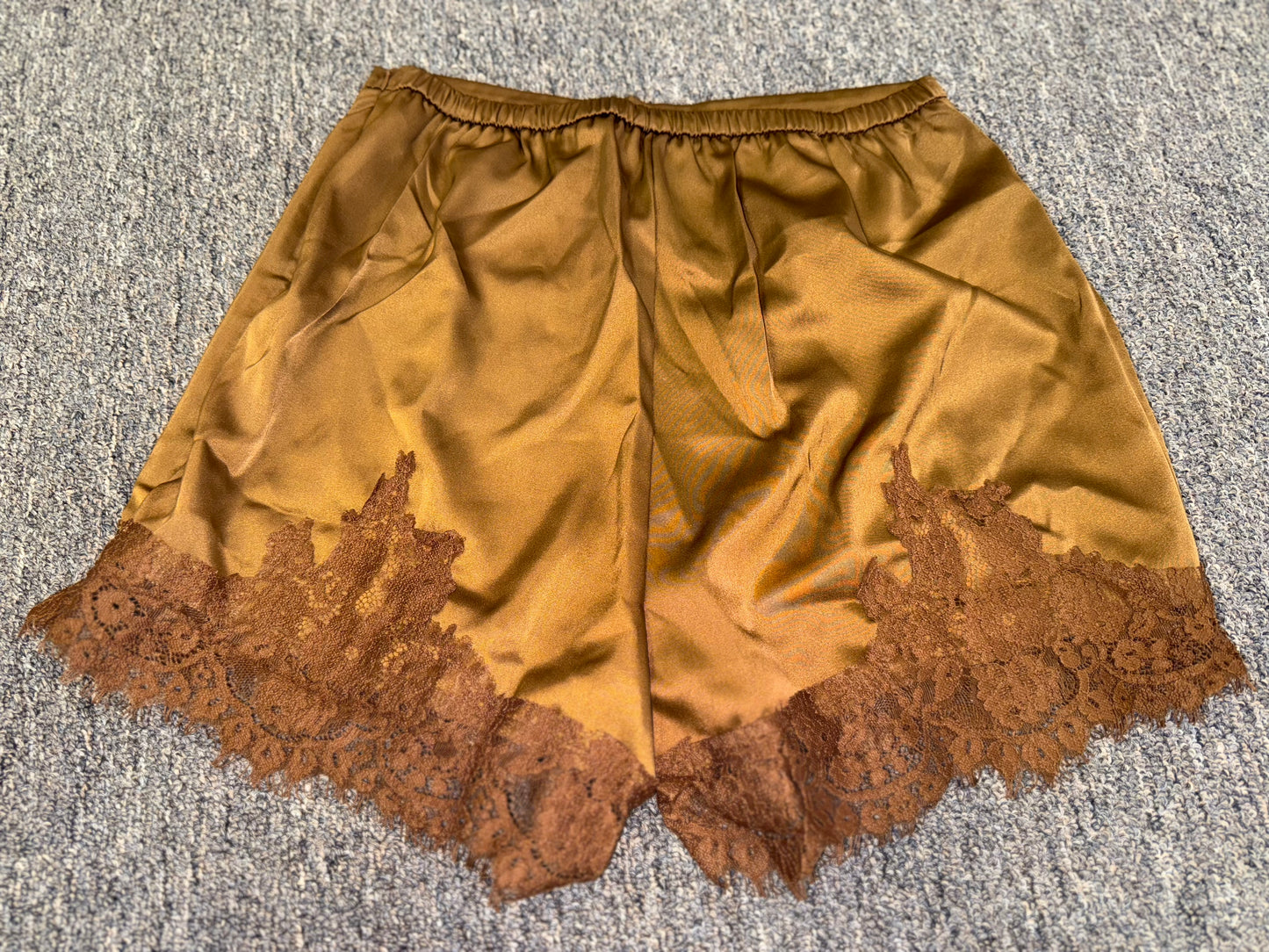 Brand New Brown Polyester Shorts with Lace Bottom Hem (Small)
