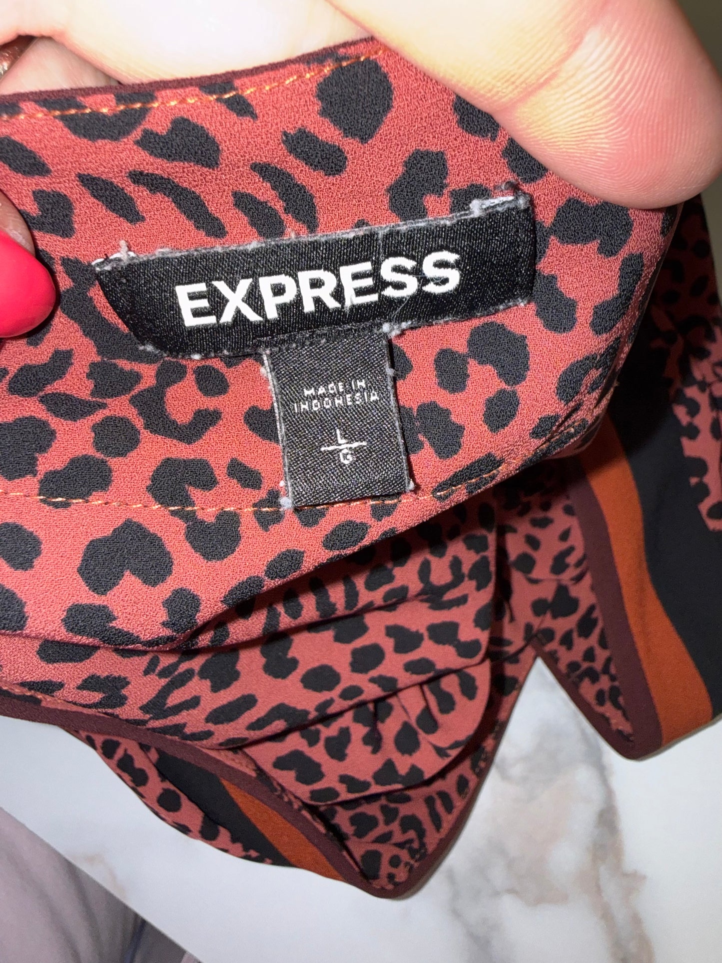 Express (Large) Burnt Orange Cheetah Print V-Neck Blouse