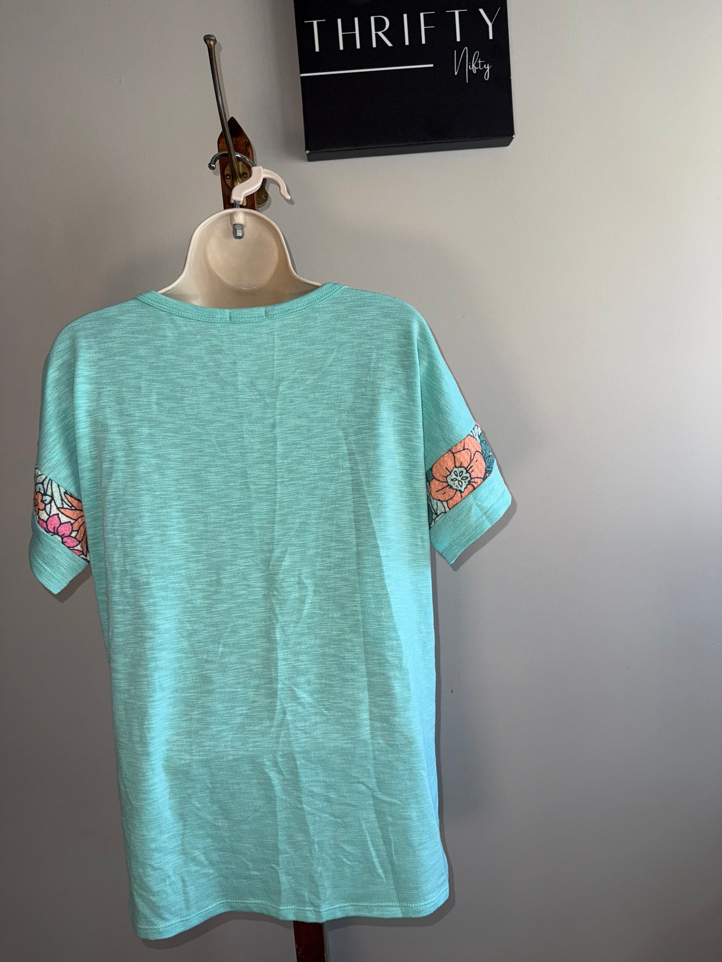 BiBi (Large) Blue Short Sleeve Tee with Floral Pattern Pocket