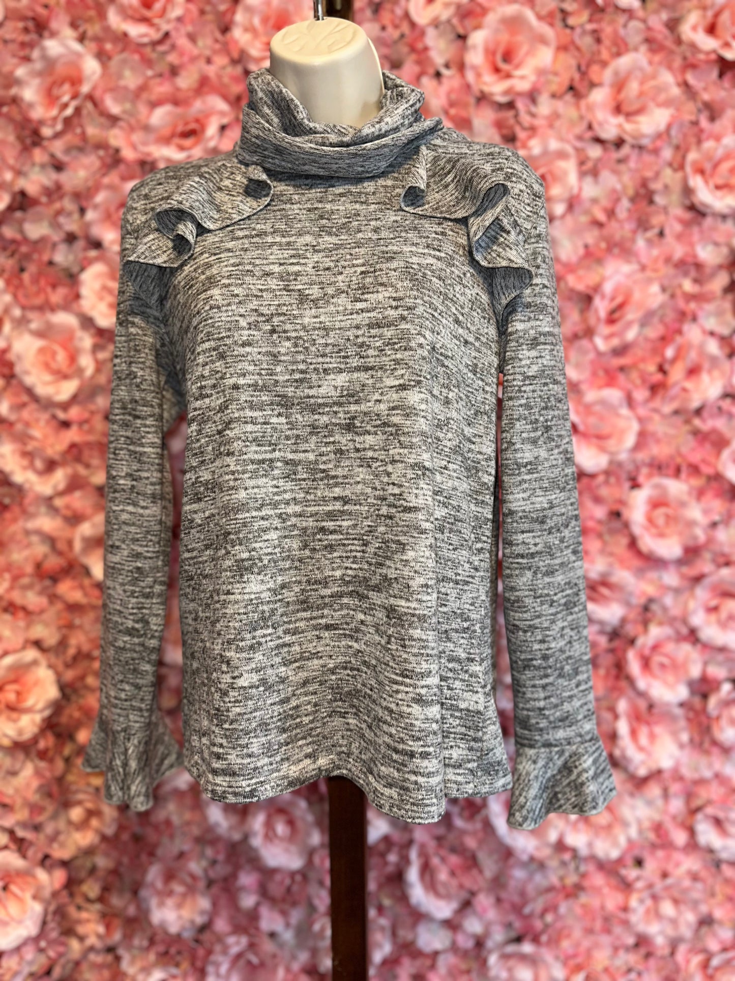 August Silk (Medium) Grey Ruffle Long Sleeve Turtleneck