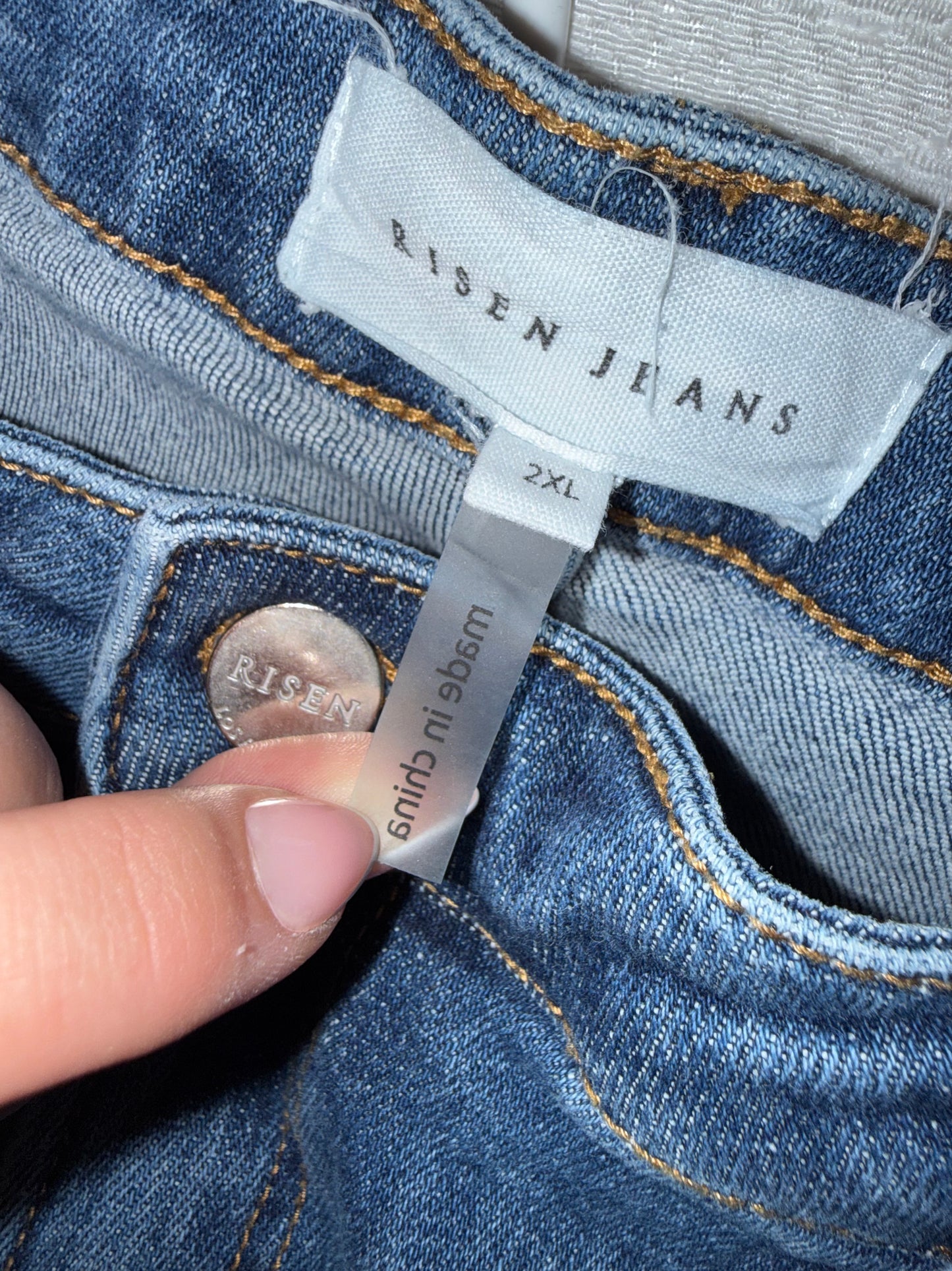 Risen Jeans (2XL) Blue Distressed Straight Leg Denim Jeans with Jeweled Pockets