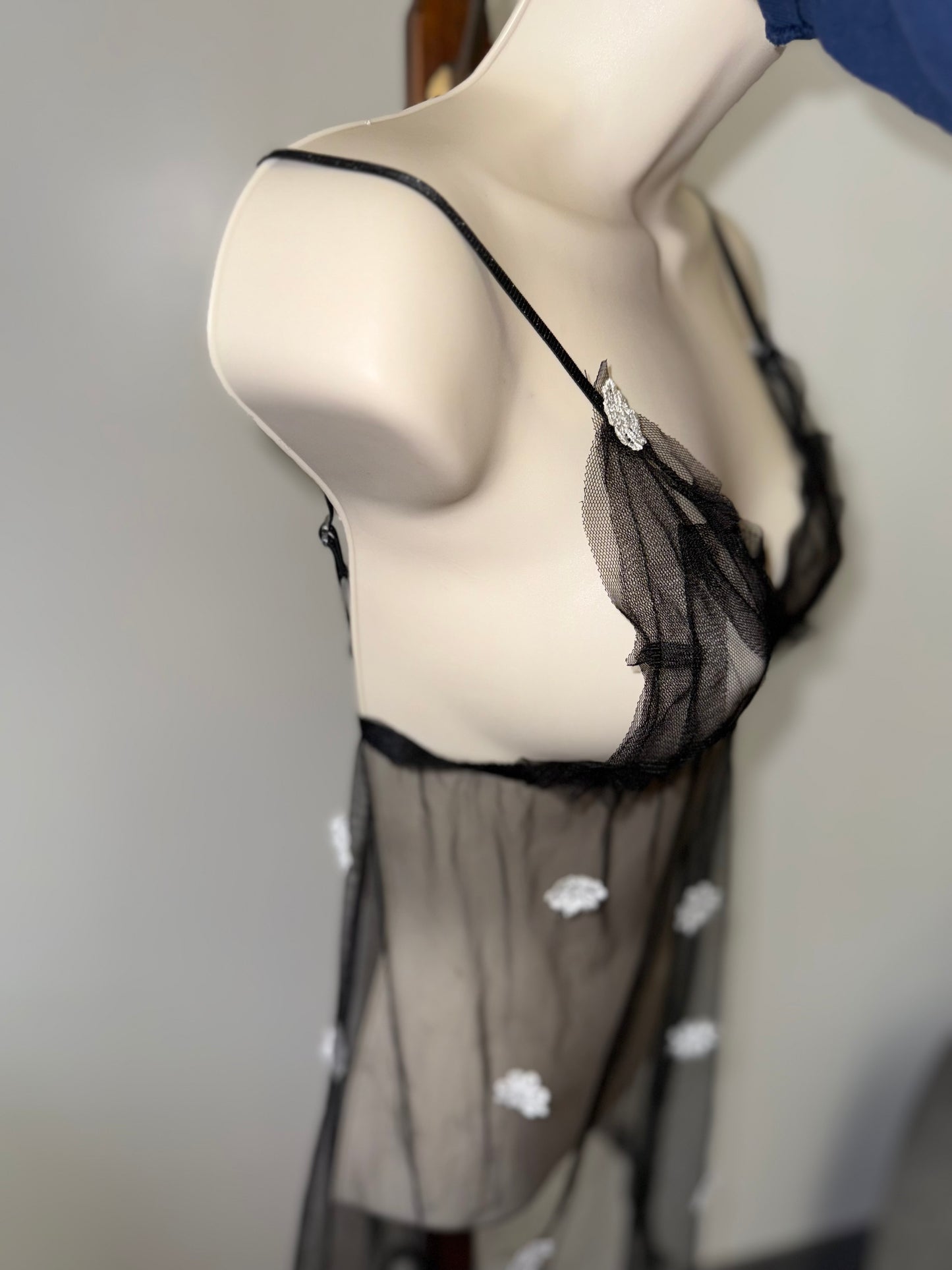 Black Sheer Floral Patched Pattern Chemise Slip