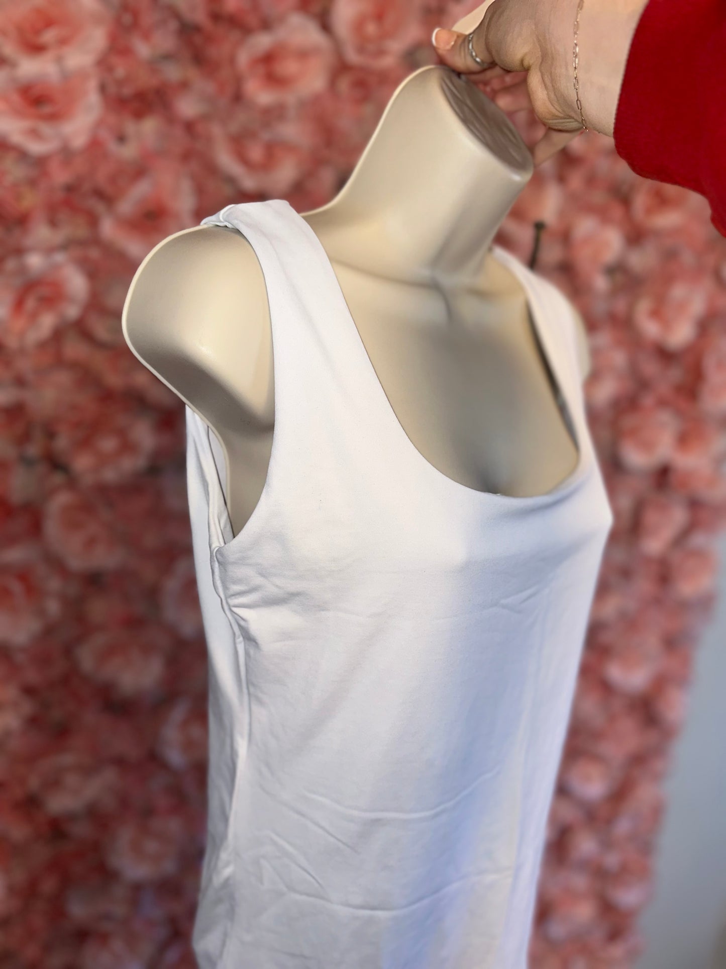 Zara (Large) White Form Fitting Stretchy Polyamide Tank Top with Low Scoop Neck