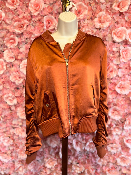 Est 1946 (Large) Burnt Orange Polyester Cropped Zip Up Bomber Jacket