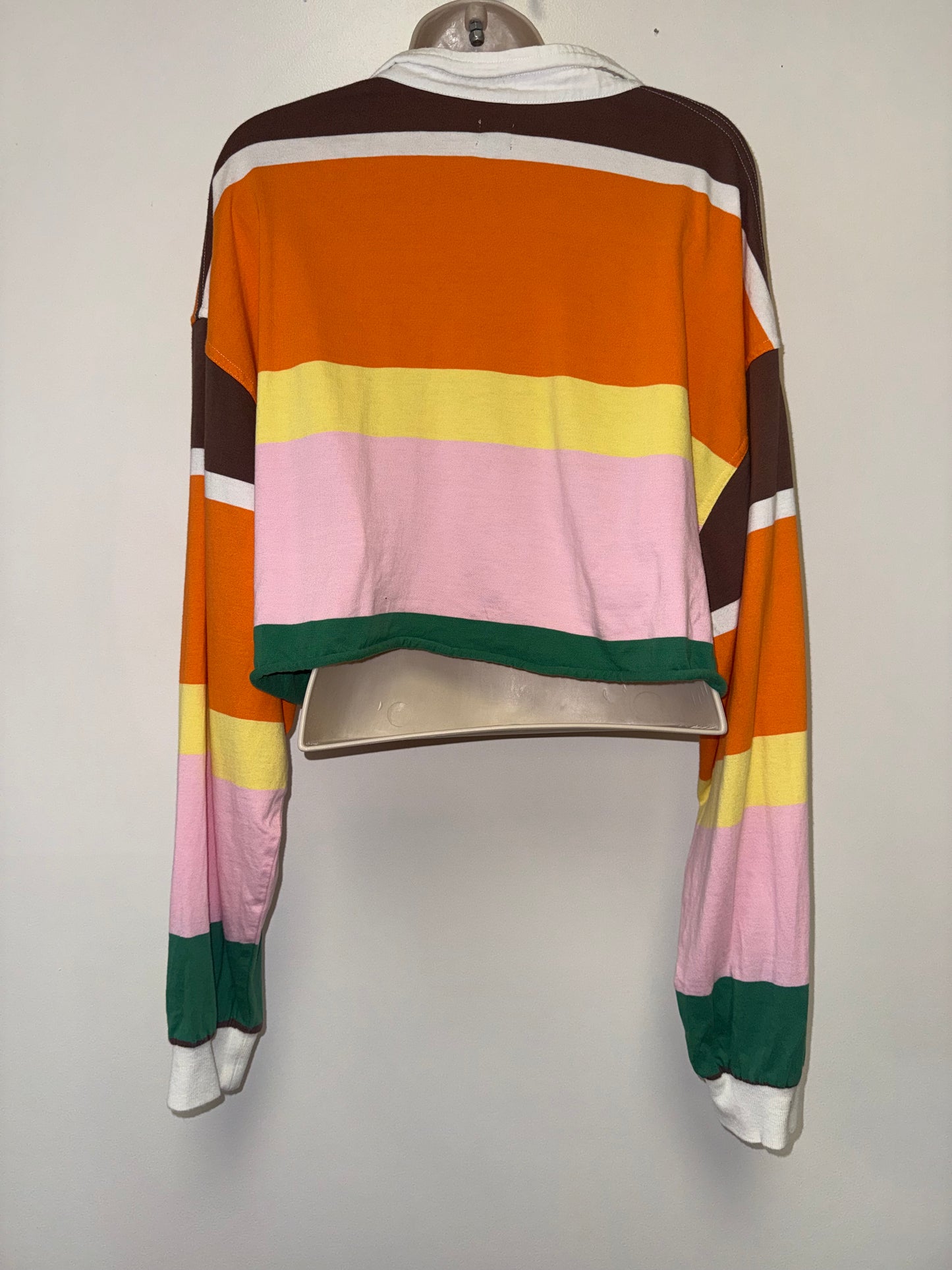 BDG (Large) Colorful Striped Cropped 3/4 Button Up Collared Long Sleeve Top