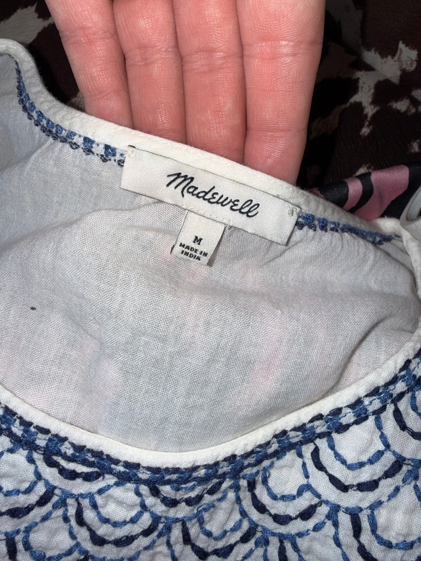 Madewell (Medium) White Short-Sleeve Tunic with Navy Embroidered Panel