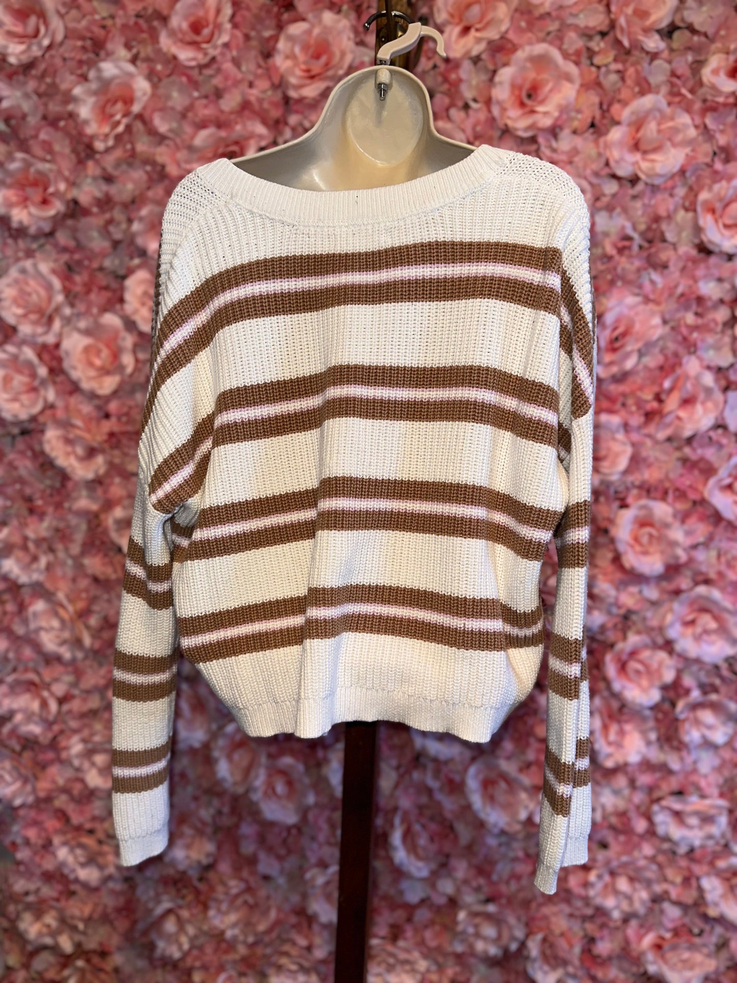 L.A Hearts (Small) Neutral Striped Knit V-Neck Cropped Sweater