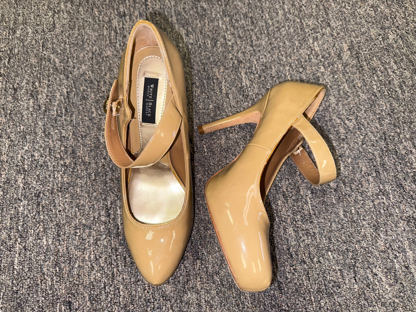 White House Black Market (7 1/2) Tan High Heels with Buckle Strap