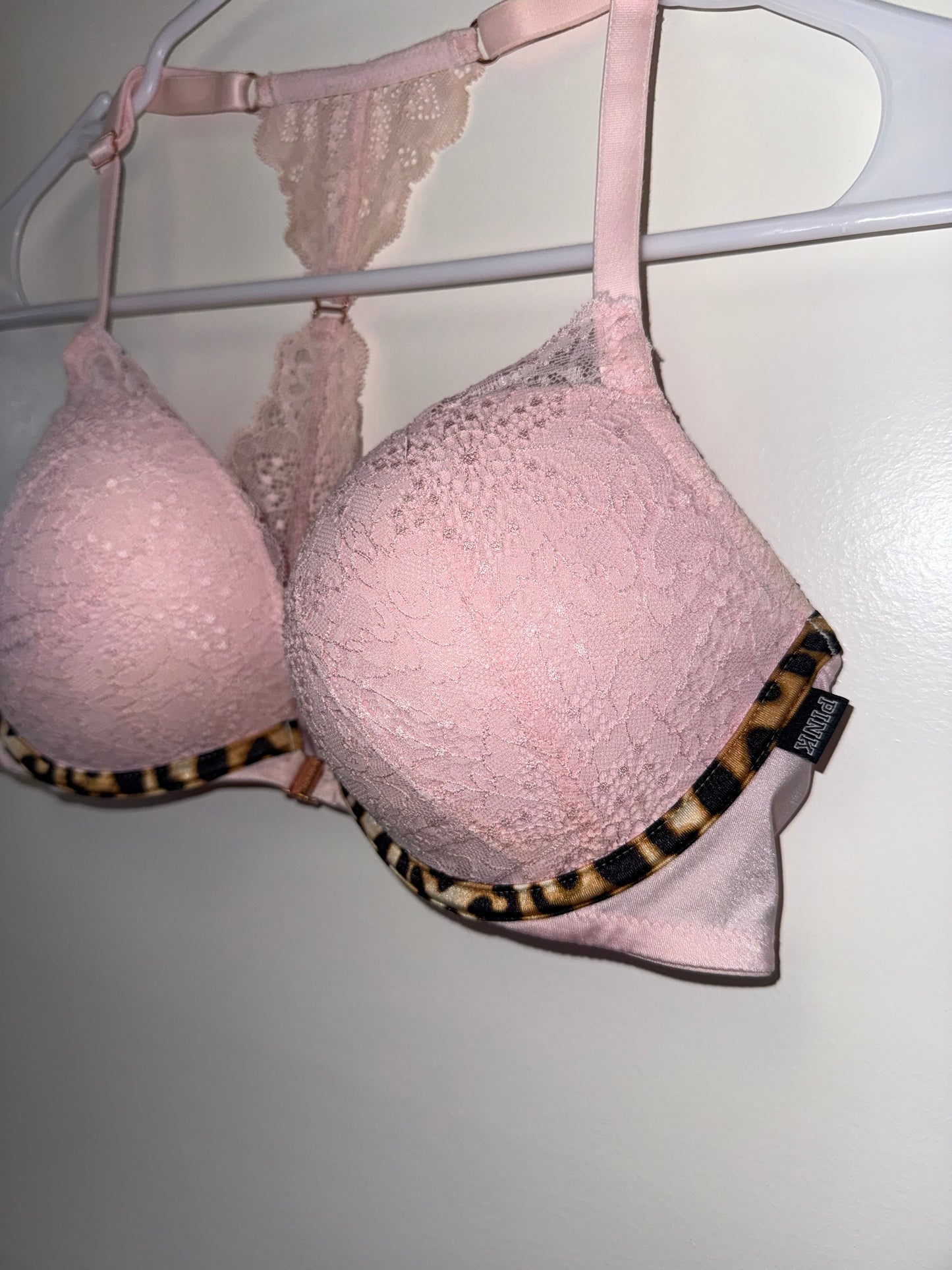 PINK Victoria's Secret (36C) Pink Lace Date Push Up Racerback Bra w Cheetah Hem