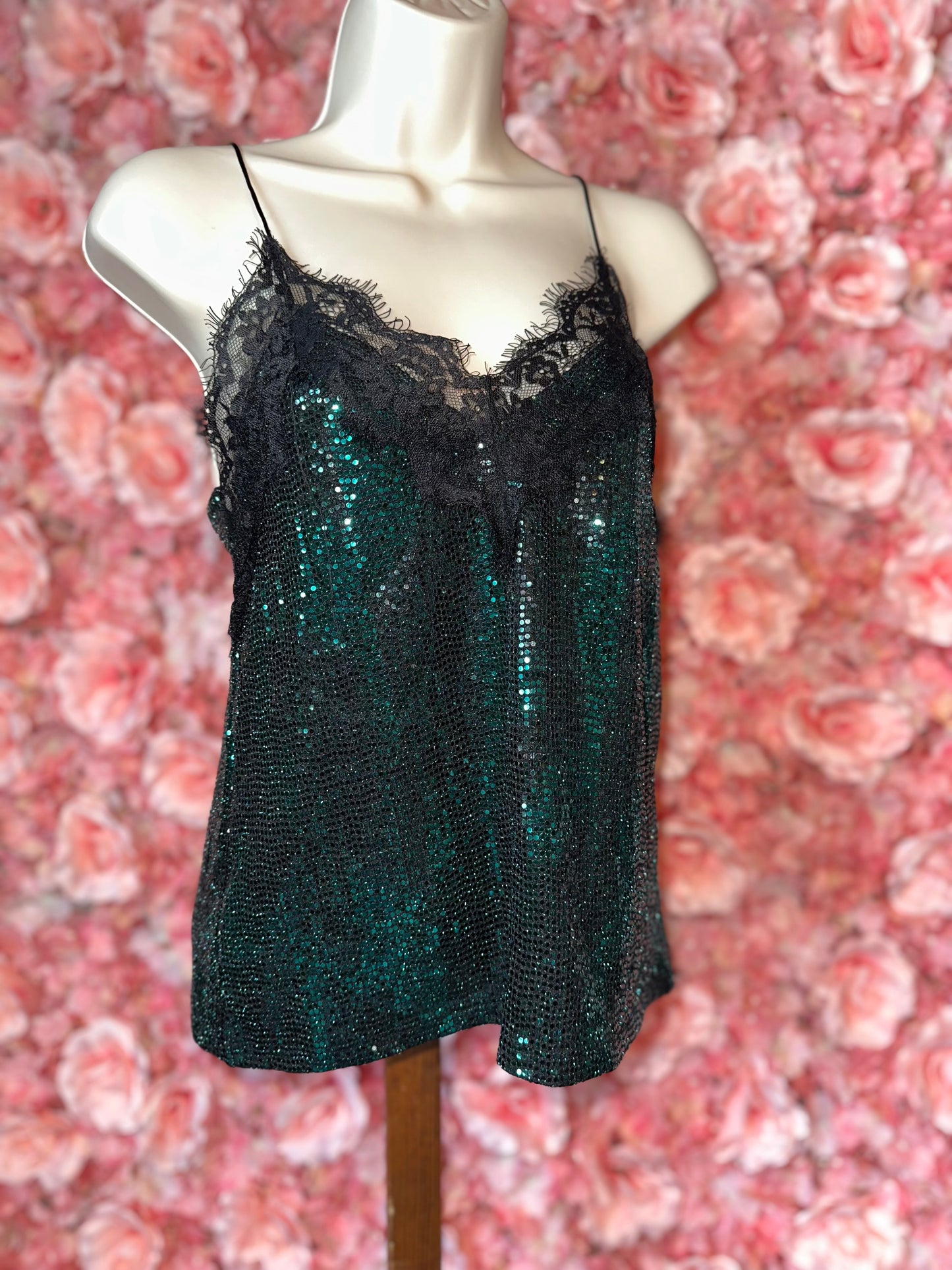 Zara (Small) Green Sparkle Sequin Lace V-Neck Tank Top