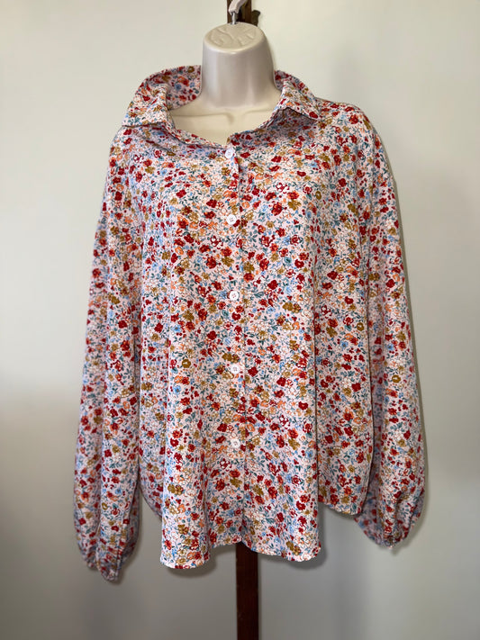 SHEIN (Medium) White Button Up with Colorful Floral Pattern