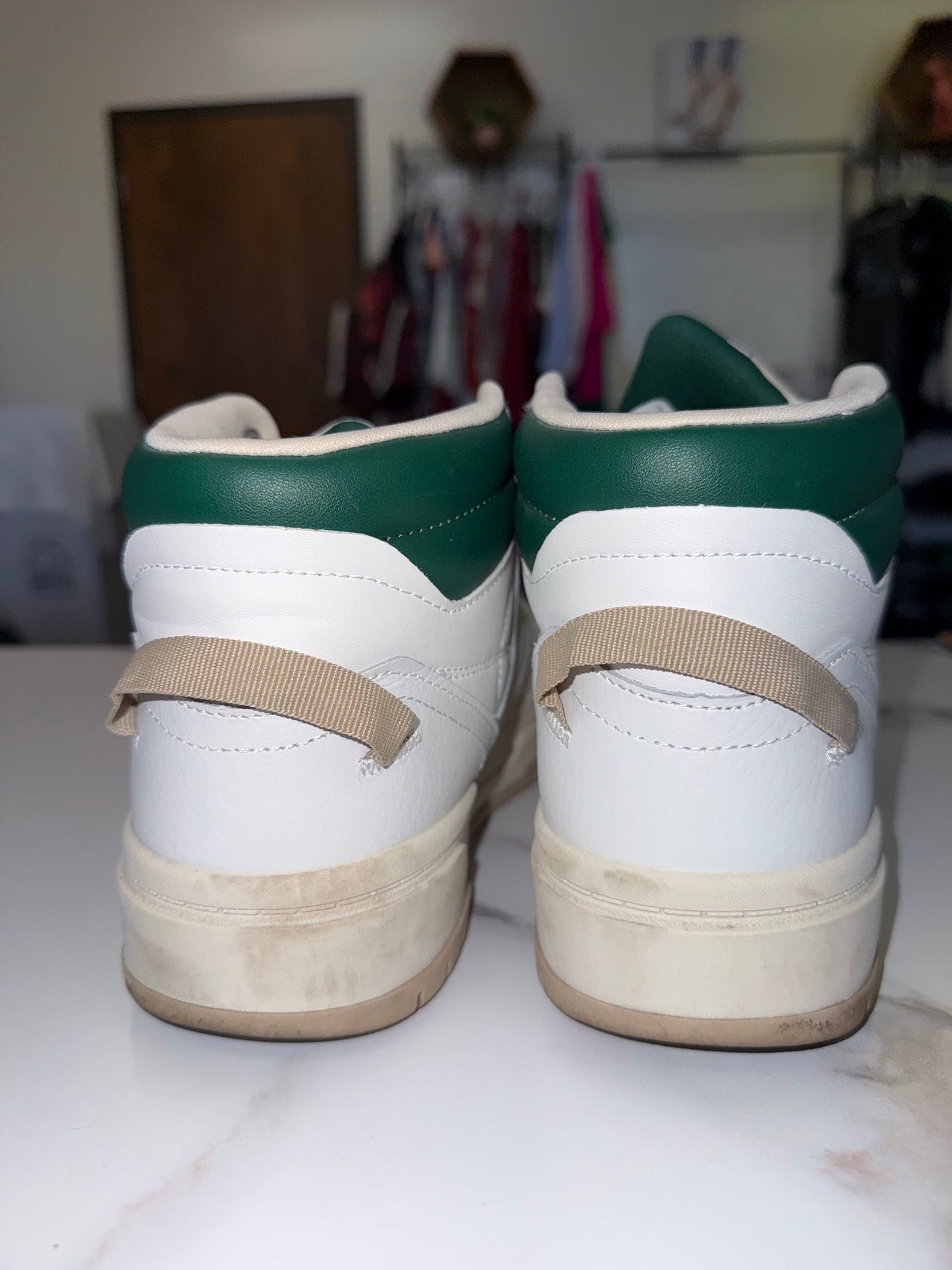 Reebok (9) White/Green/Tan High Top Sneakers
