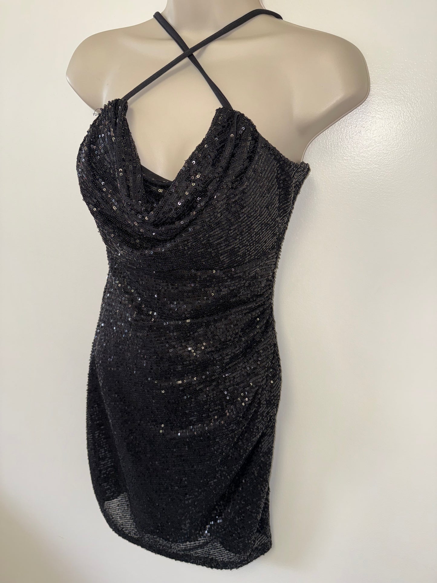 Morgan & Co (3) Black Sequin Form Fitting Midi Dress with Cowl Neck