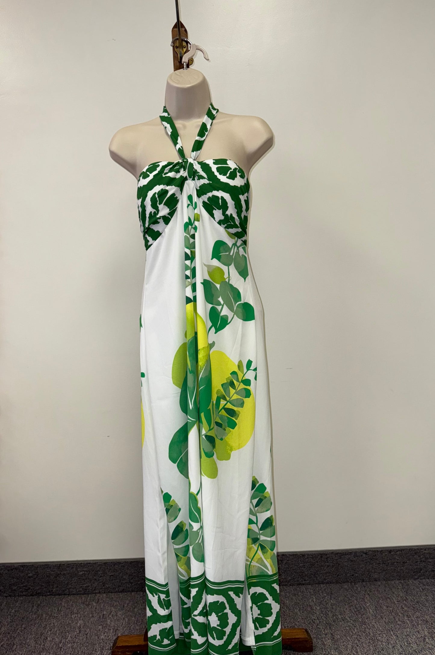 White House Black Market (4) White and Green Hawaiian Halter Neck Maxi Dress