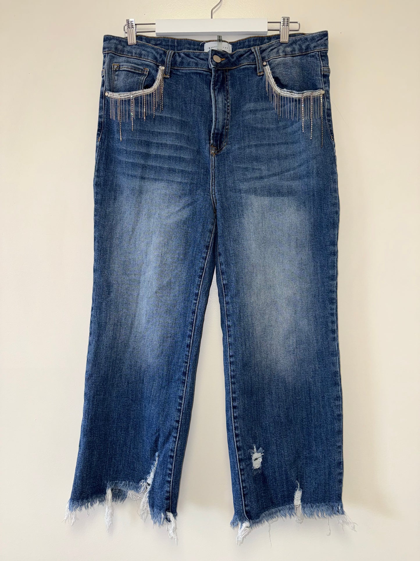 Risen Jeans (2XL) Blue Distressed Straight Leg Denim Jeans with Jeweled Pockets