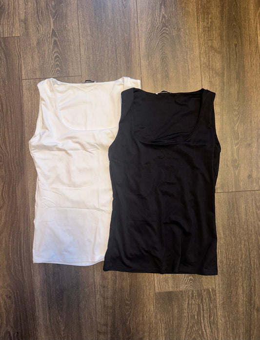 Zara (L) B&W Form Fitting Stretchy Polyamide Tank Top SET with Low Scoop Neck