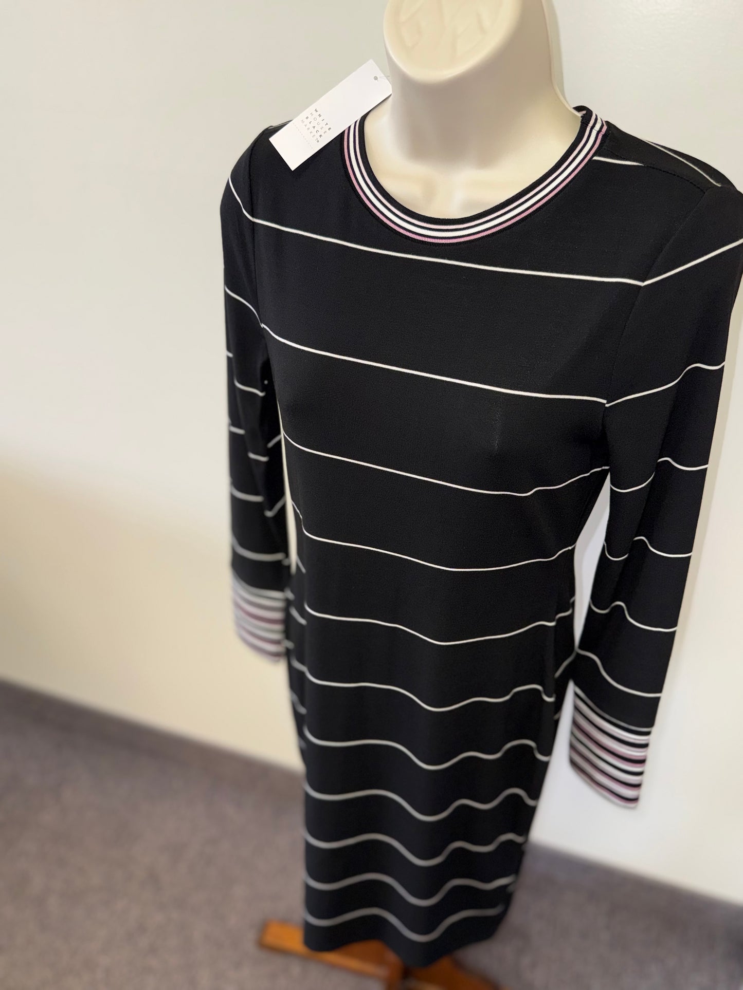 NWT WHBM (XSP) Brand New Black Long Sleeve Dress w/ Pink & White Stripes