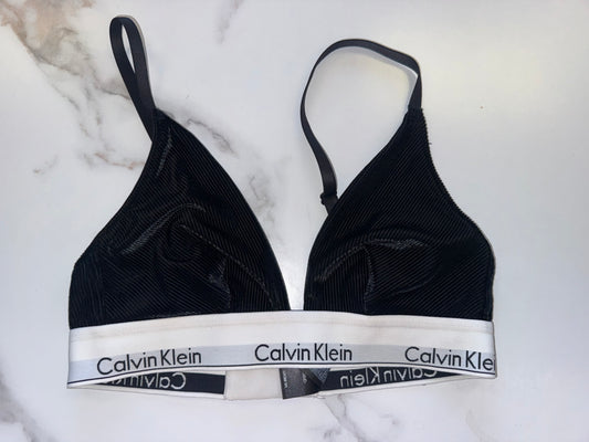 Calvin Klein (Small) Black Velour Ribbed Bralette with White Logo Band