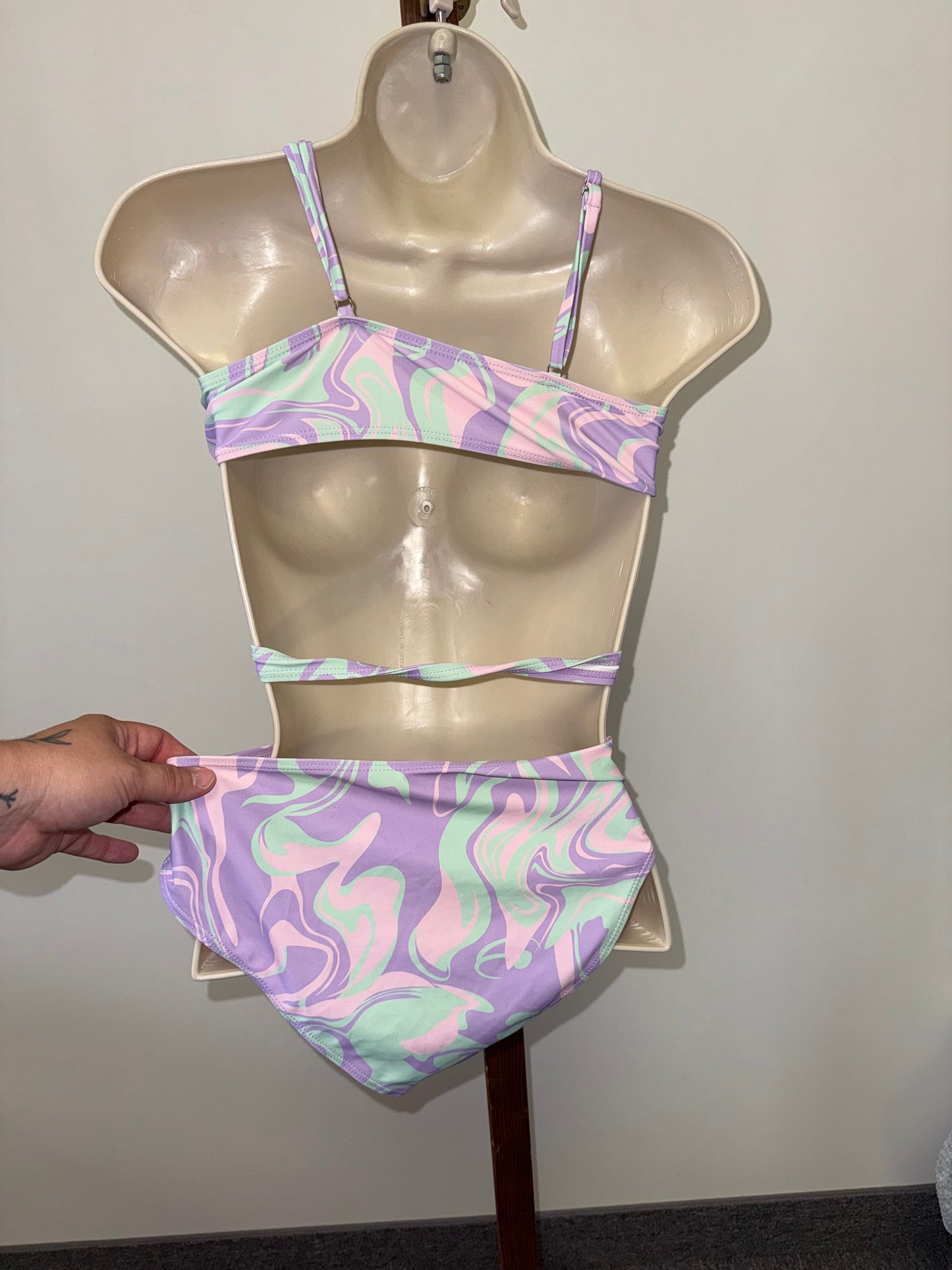 SHEIN (Teen 12Y-13Y) Purple/Green Swirl Pattern 3 Piece Swim Suit