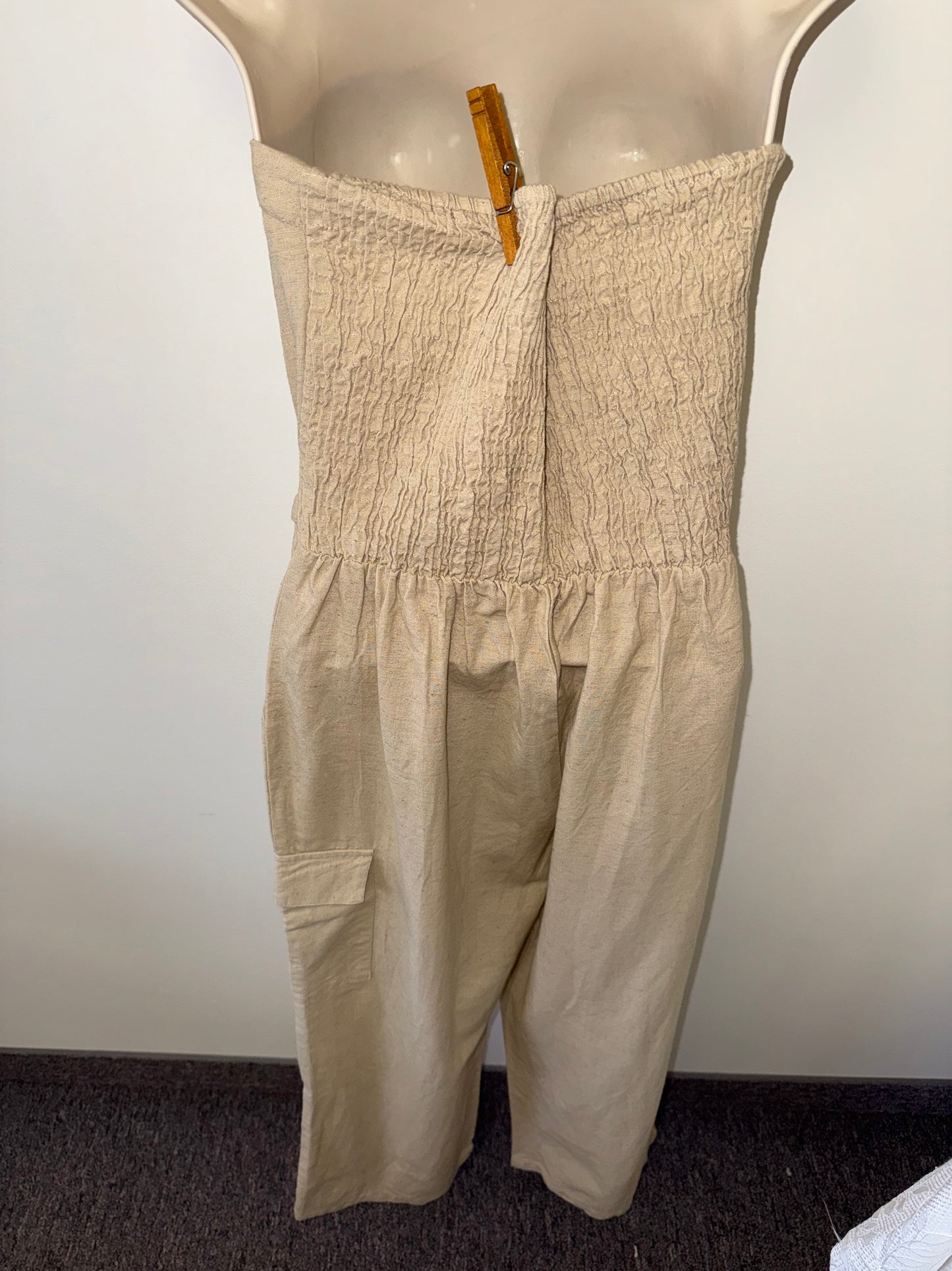 NWT Sim & Sam (Large) Brand New Tan Linen Blend Strapless Jumpsuit with Belt