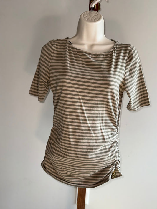 Michael Kors (Small) Brown/Tan Striped Short Sleeve Top with 1 Zipped Side