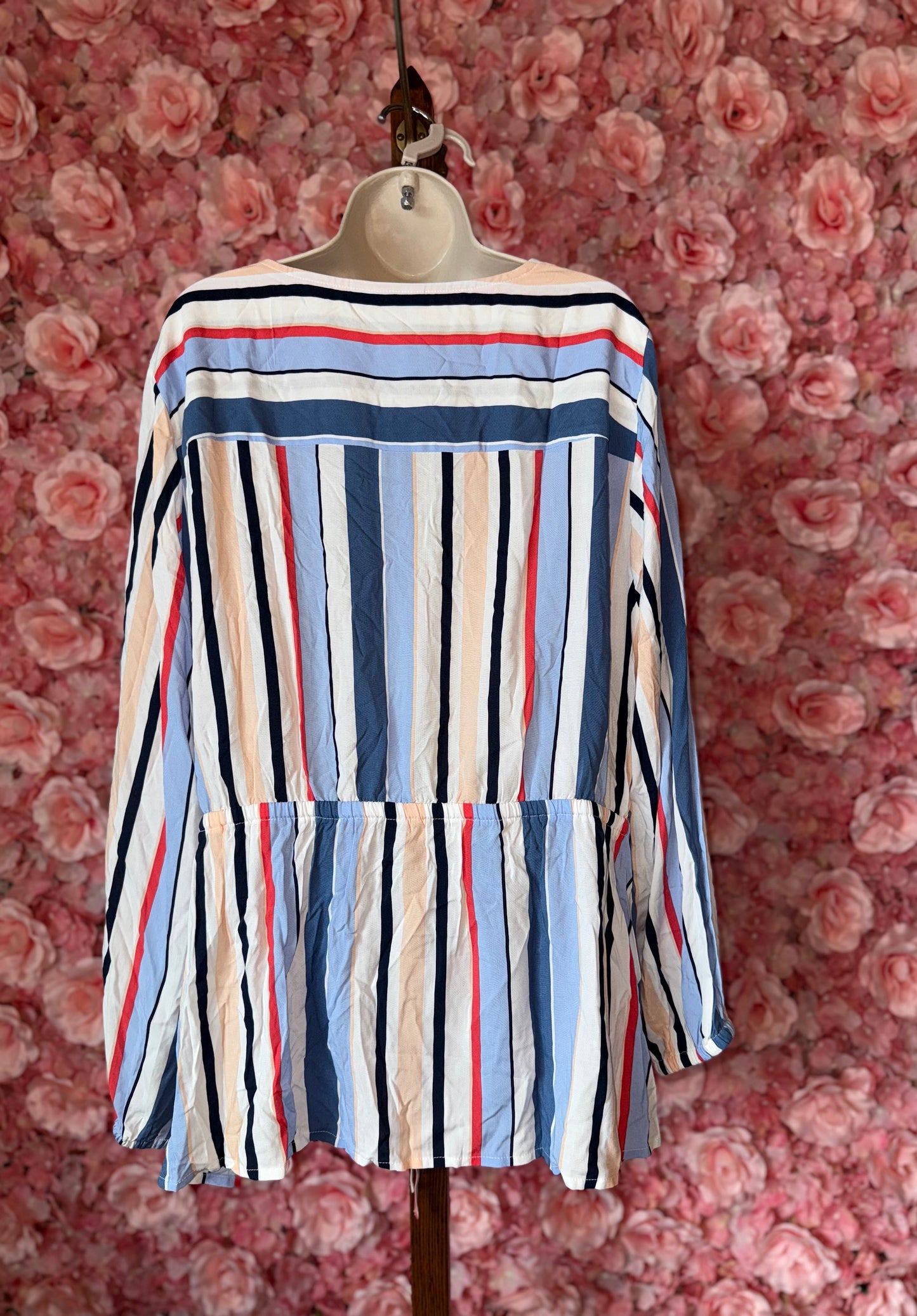 Lane Bryant (22) Colorful Neutral Striped 3/4 Button Up V-Neck Blouse