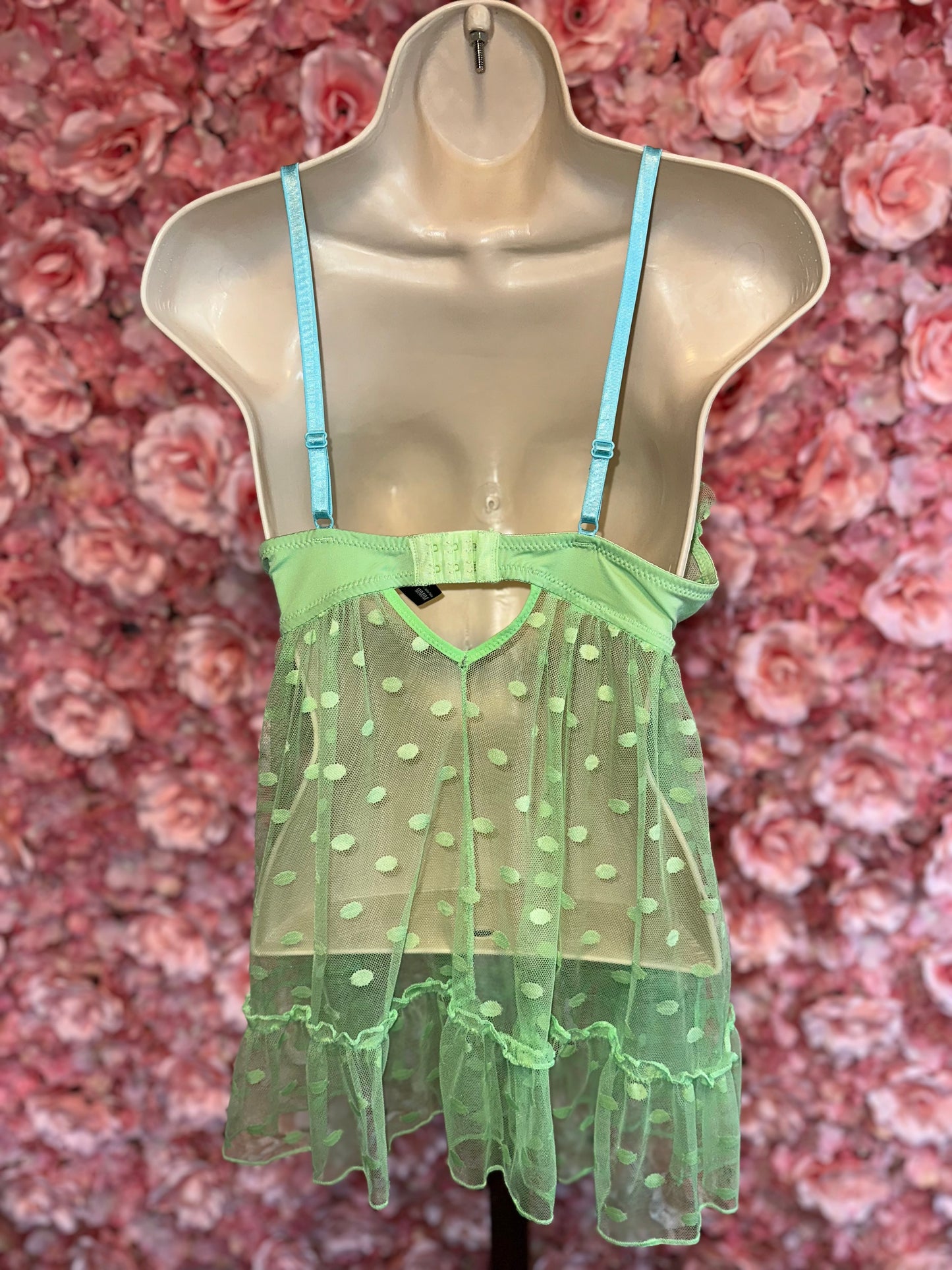 (Medium) Green Polka Dot Ruffle Sheer Lingerie Padded Bra Dress