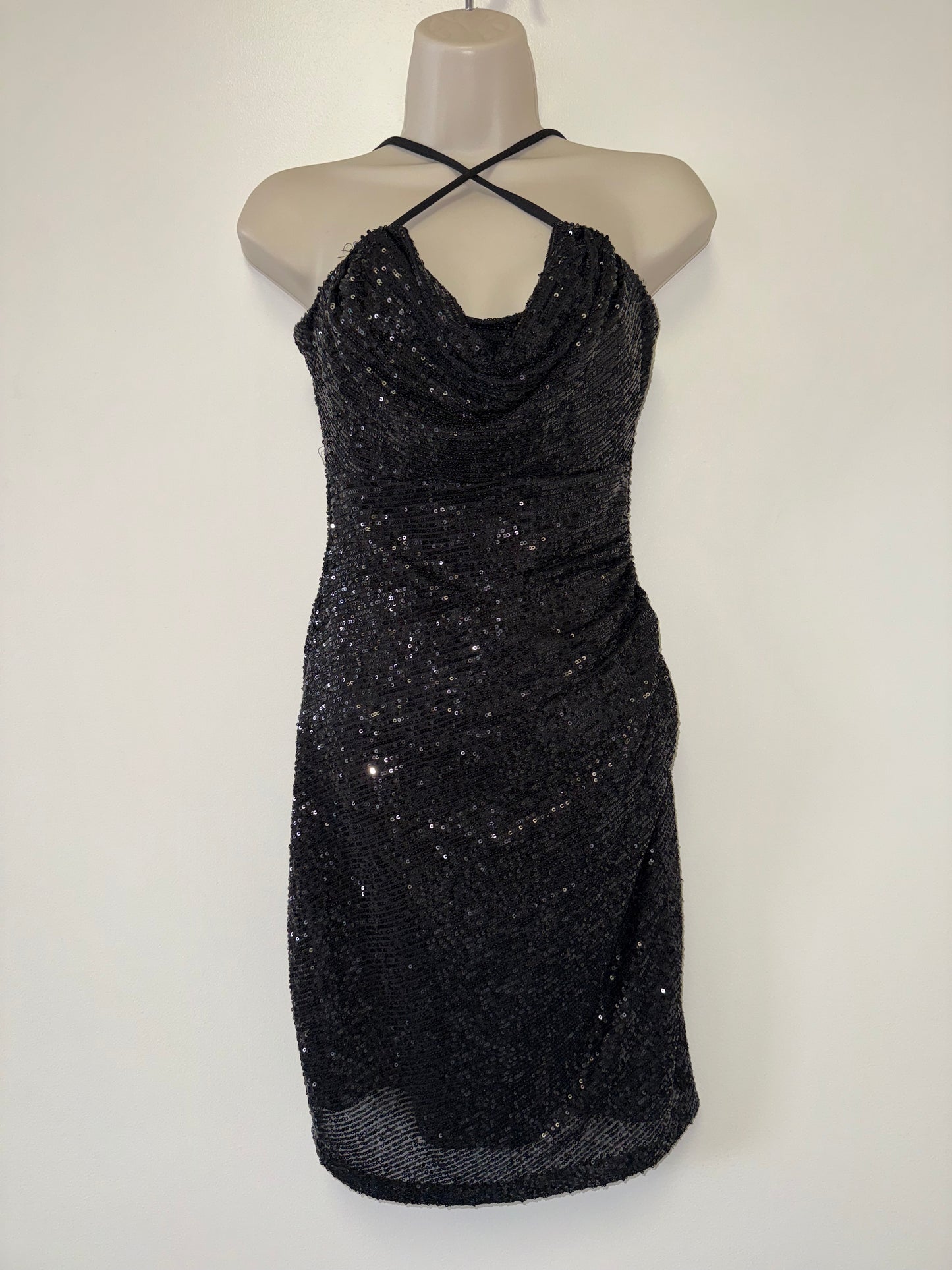 Morgan & Co (3) Black Sequin Form Fitting Midi Dress with Cowl Neck