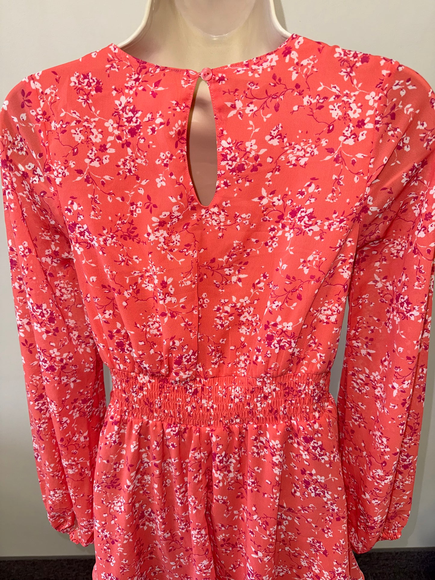 Japna (XS) Orange//Peach Sheer Long Sleeve Ruffle Midi Dress with Tied Front