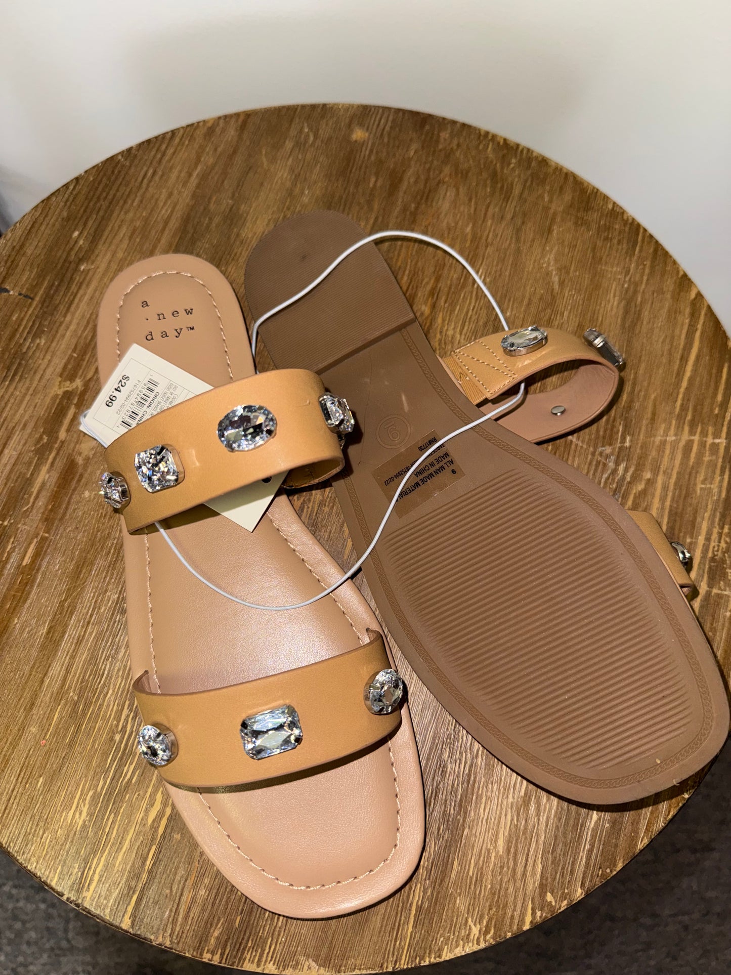 NWT A New Day (9) Brand New Tan Slip On Sandals with Jewel Accents