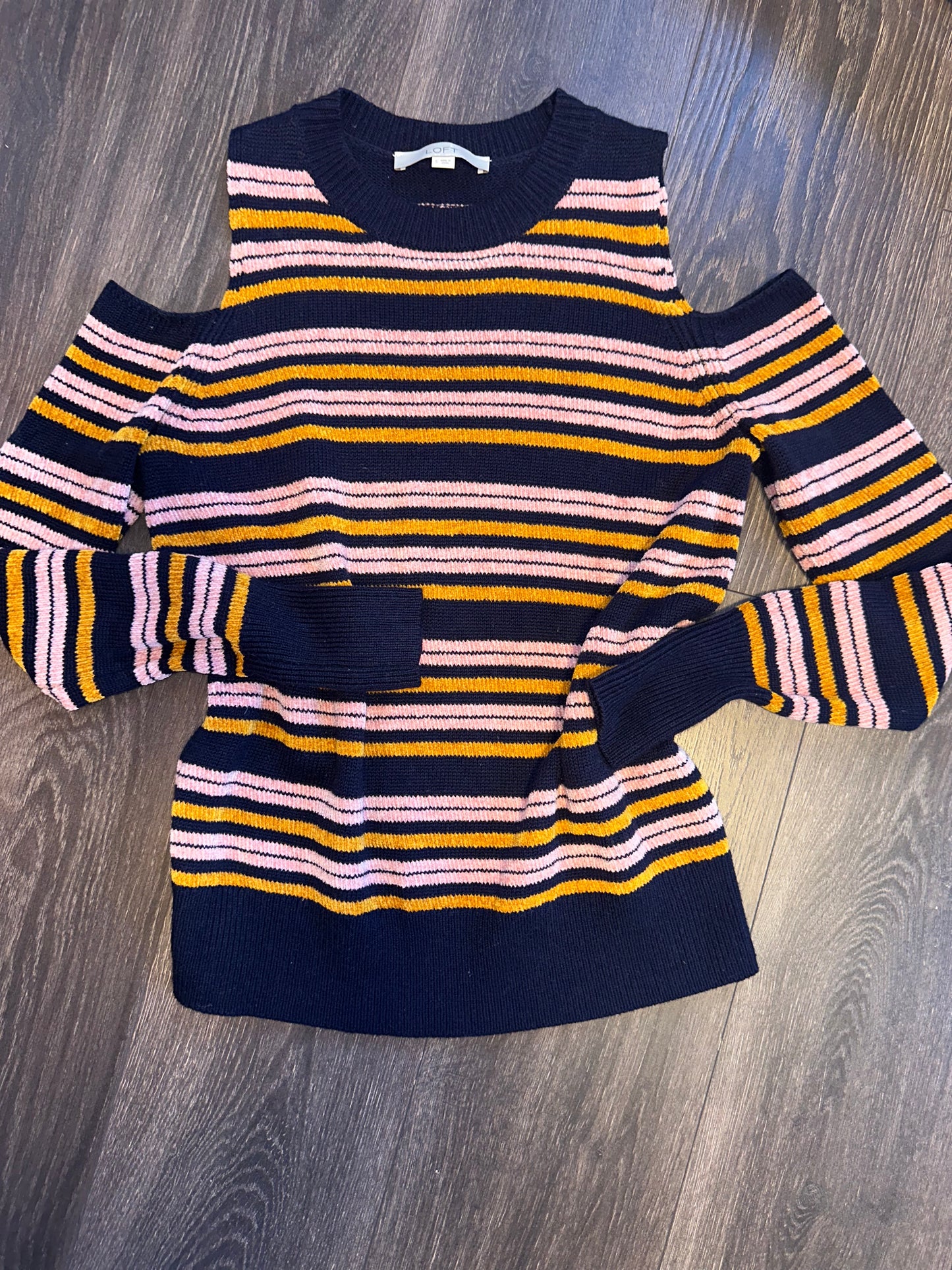 LOFT (Small) Navy Blue//Orange//Pink Soft Striped Cold Shoulder Knit Sweater