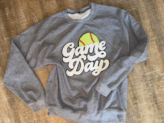 Gildan (Large) Grey 'Game Day' Softball Patched Crewneck Sweatshirt