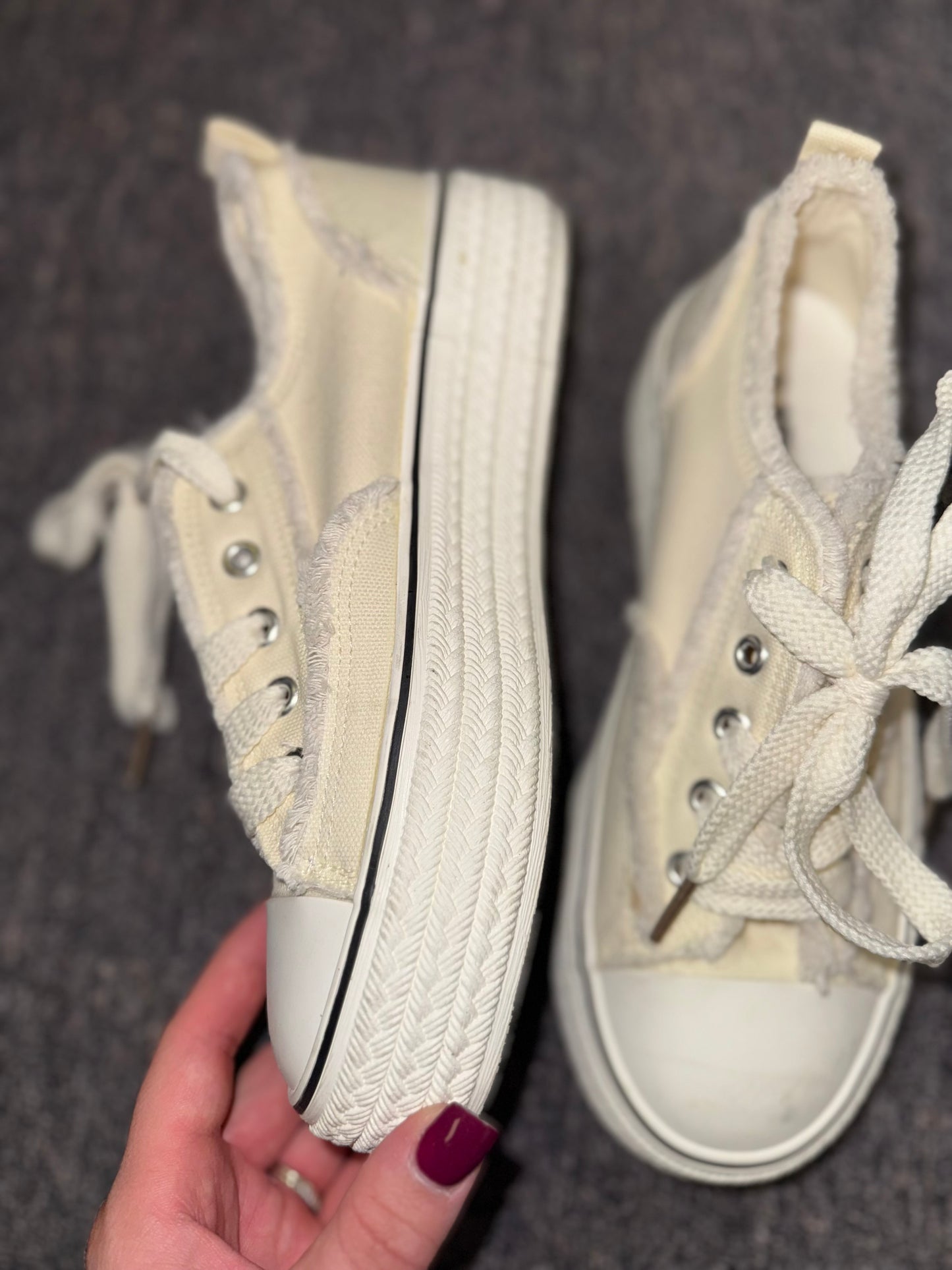 (39) Neutral Laced Sneakers with Frayed Trim