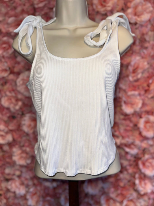 SugarLips (Medium) White Ribbed Adjustable Tied Shoulders Cropped Tank Top