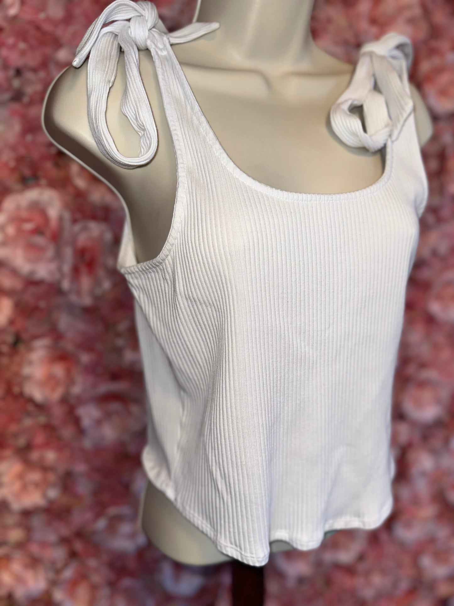 SugarLips (Medium) White Ribbed Adjustable Tied Shoulders Cropped Tank Top